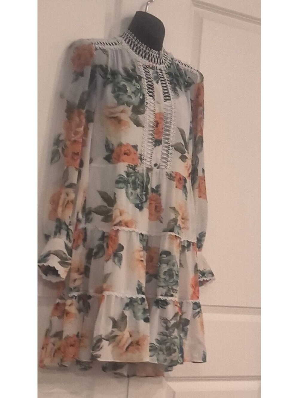 Floral.print Crochet Trim Frilling chiffon women DRESS IN WHITE